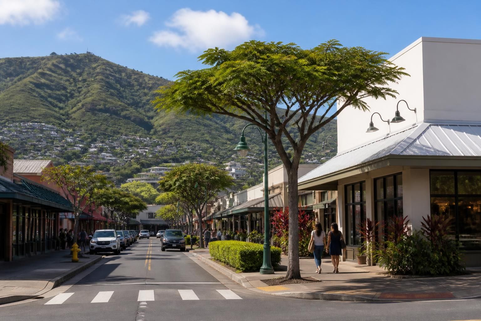 Aiea commercial scene with hillside backdrop and small businesses.