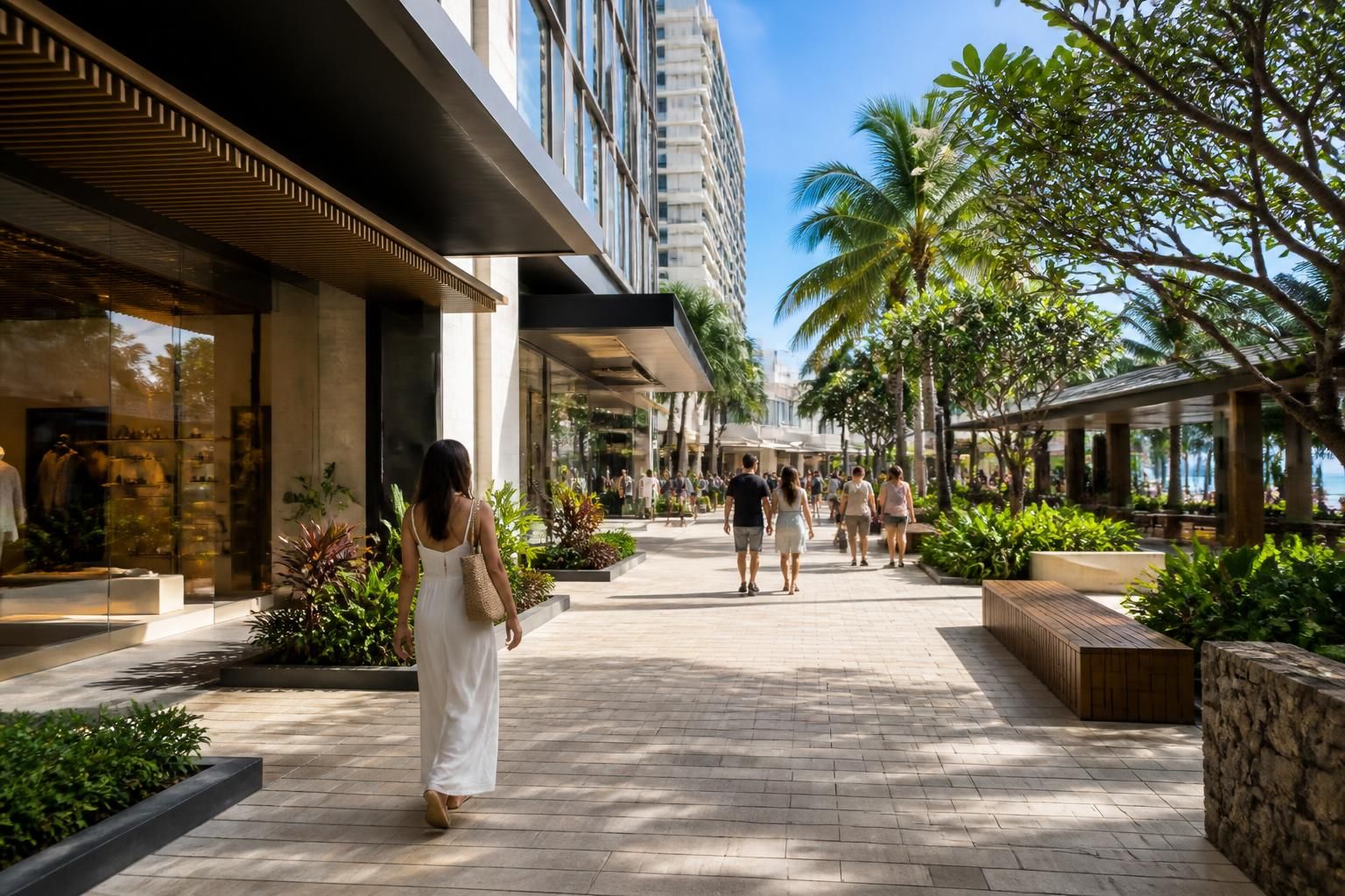 Modern Ala Moana commercial scene with wide sidewalks.