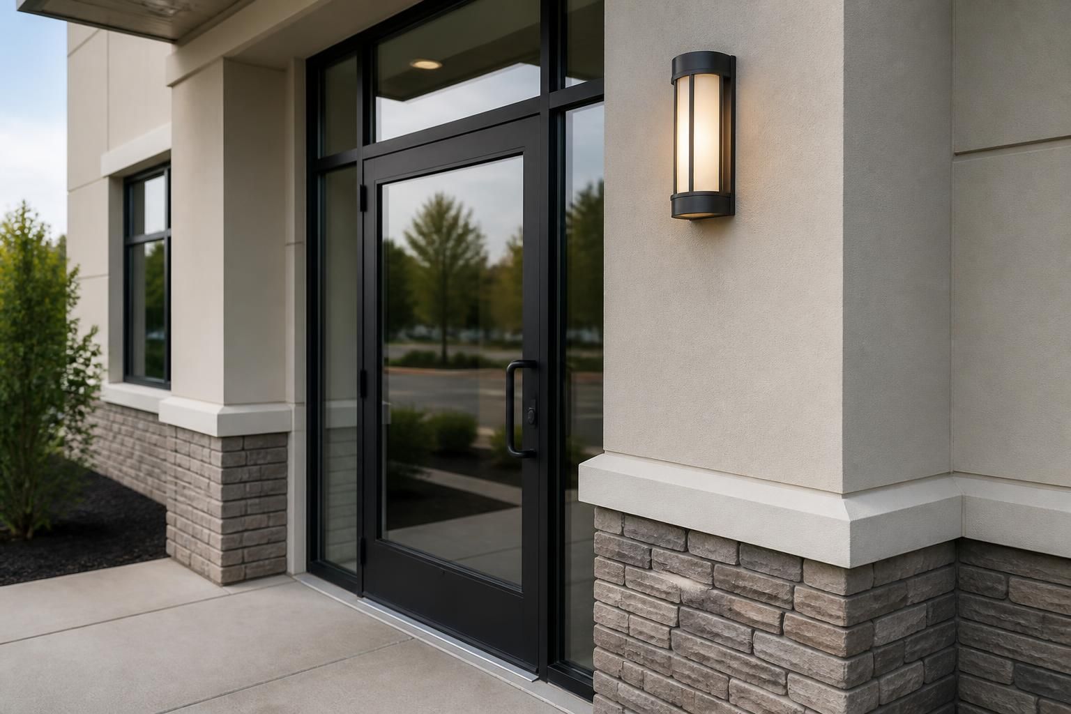 Well-maintained building entrance with clean exterior finishes.