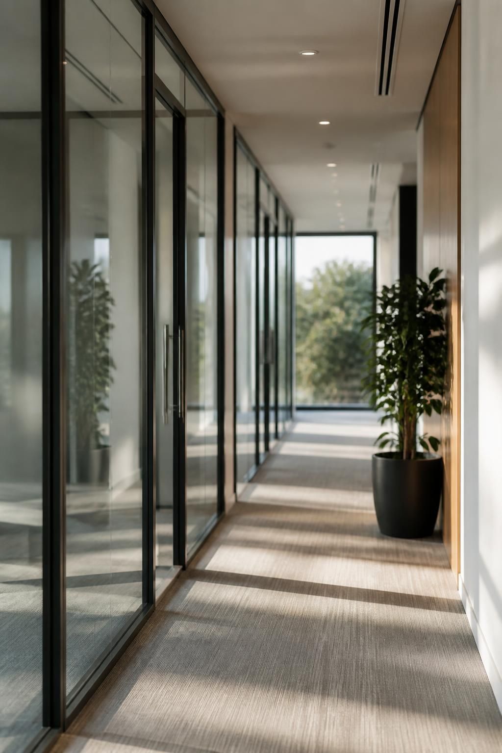 Freshly cleaned office corridor with glass and polished finishes.
