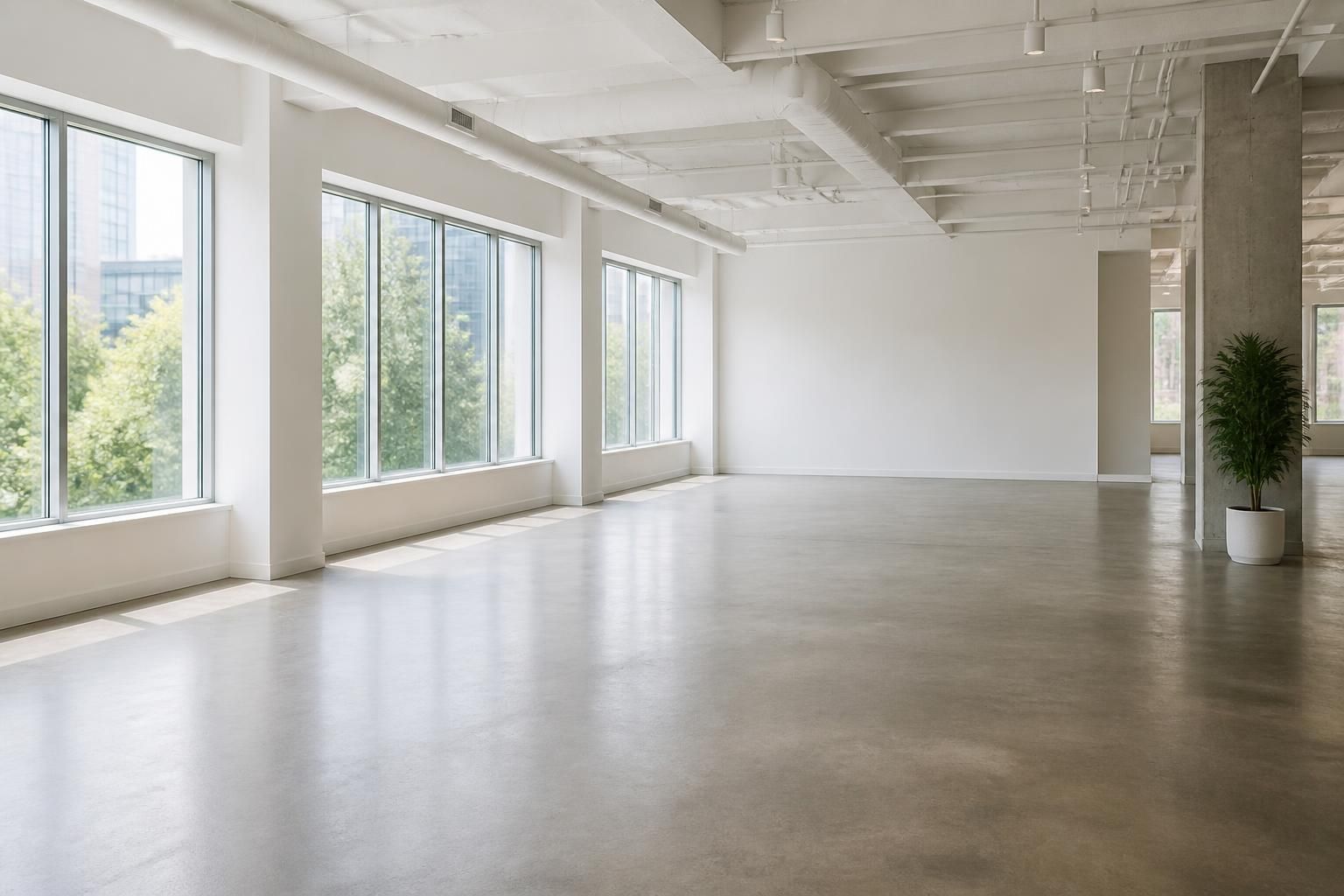 Bright cleaned workspace with polished windows and open space.