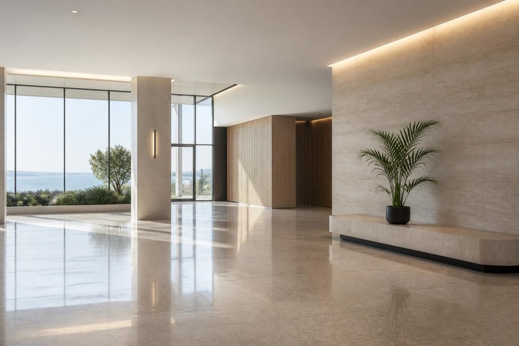 Spotless commercial lobby with polished floors in natural light.