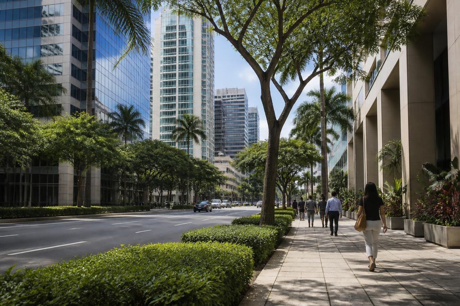 Downtown Honolulu streetscape with office towers and tree-lined sidewalks.