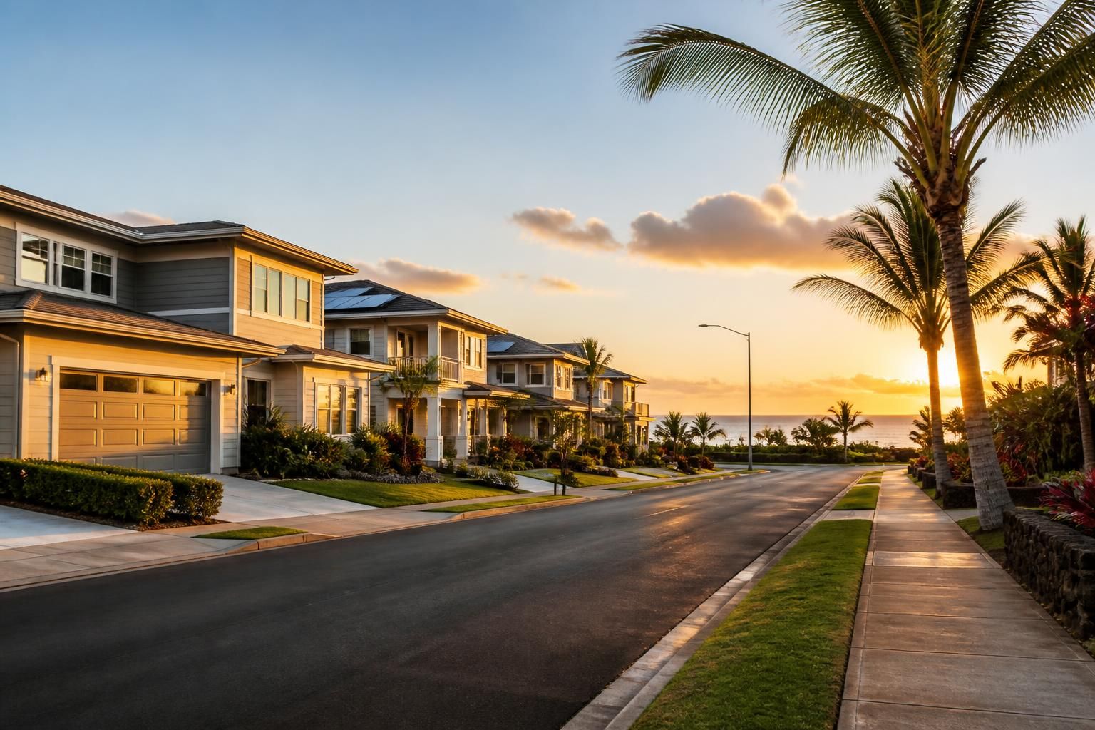 Ewa Beach neighborhood with clean streets and modern buildings.