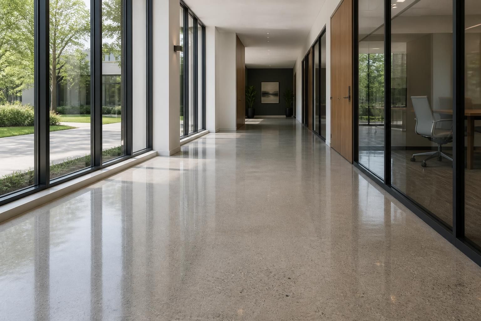 Detailed floor care and clear windows in a modern interior.
