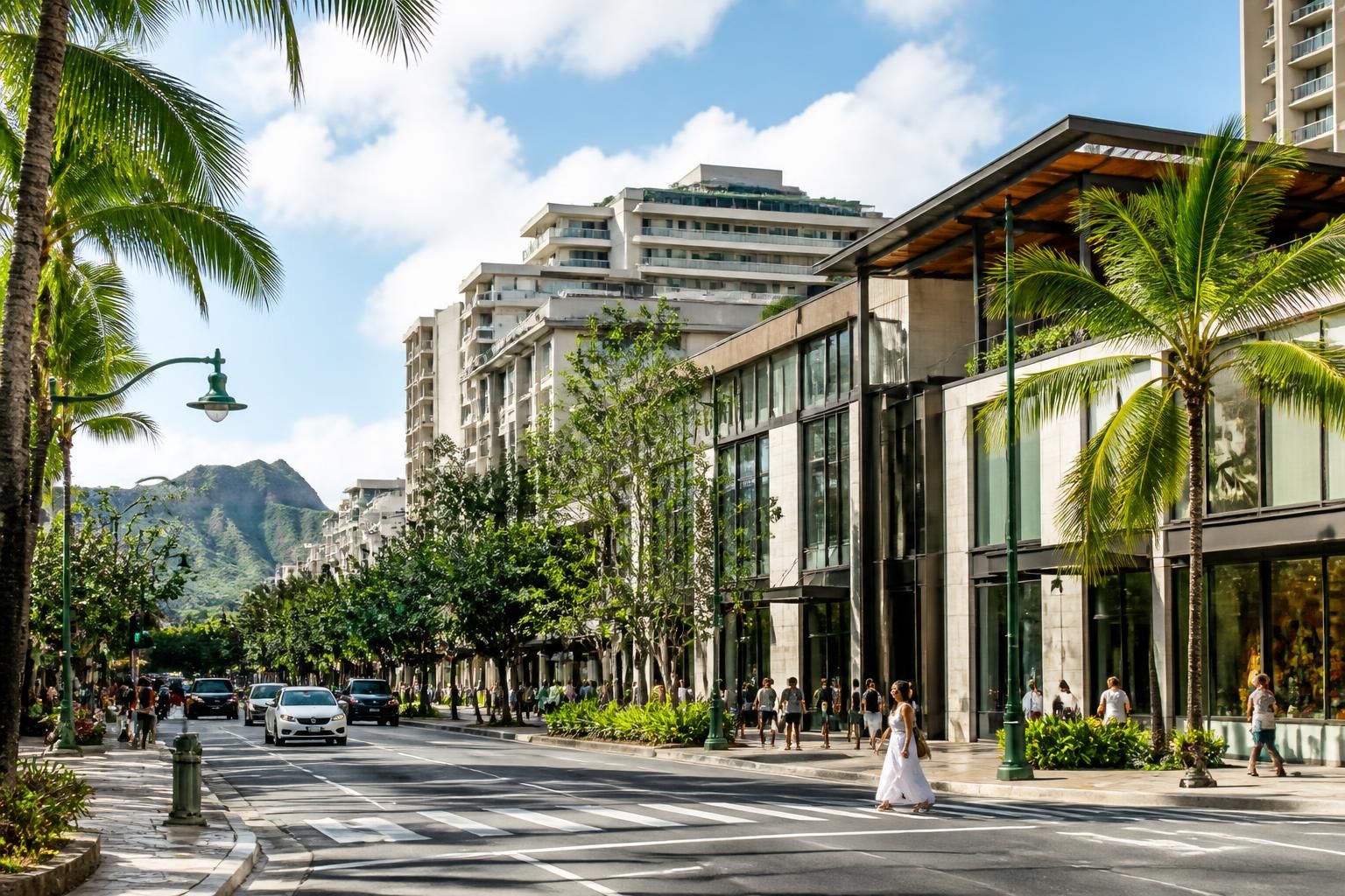 Modern Honolulu commercial district with palm trees in daylight.