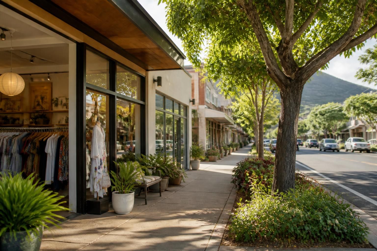 Leafy Kaimuki street with boutique storefronts in warm light.