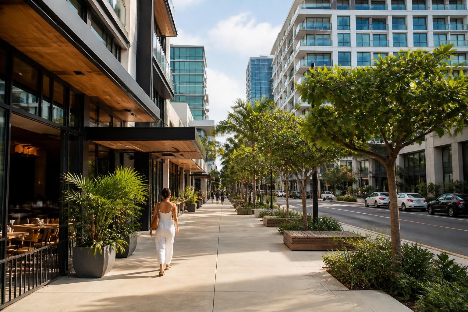 Contemporary Kakaako district with mixed-use buildings and clean sidewalks.