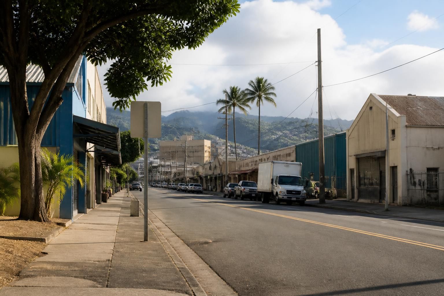 Kalihi commercial street with mixed buildings in soft light.