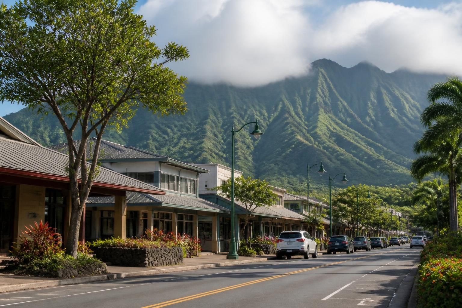 Kaneohe commercial area with lush greenery and low-rise buildings.