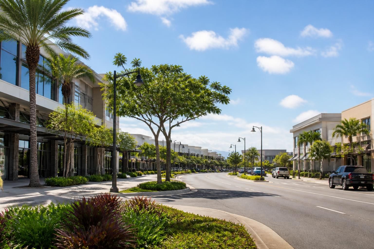 Newer Kapolei business district under bright open skies.