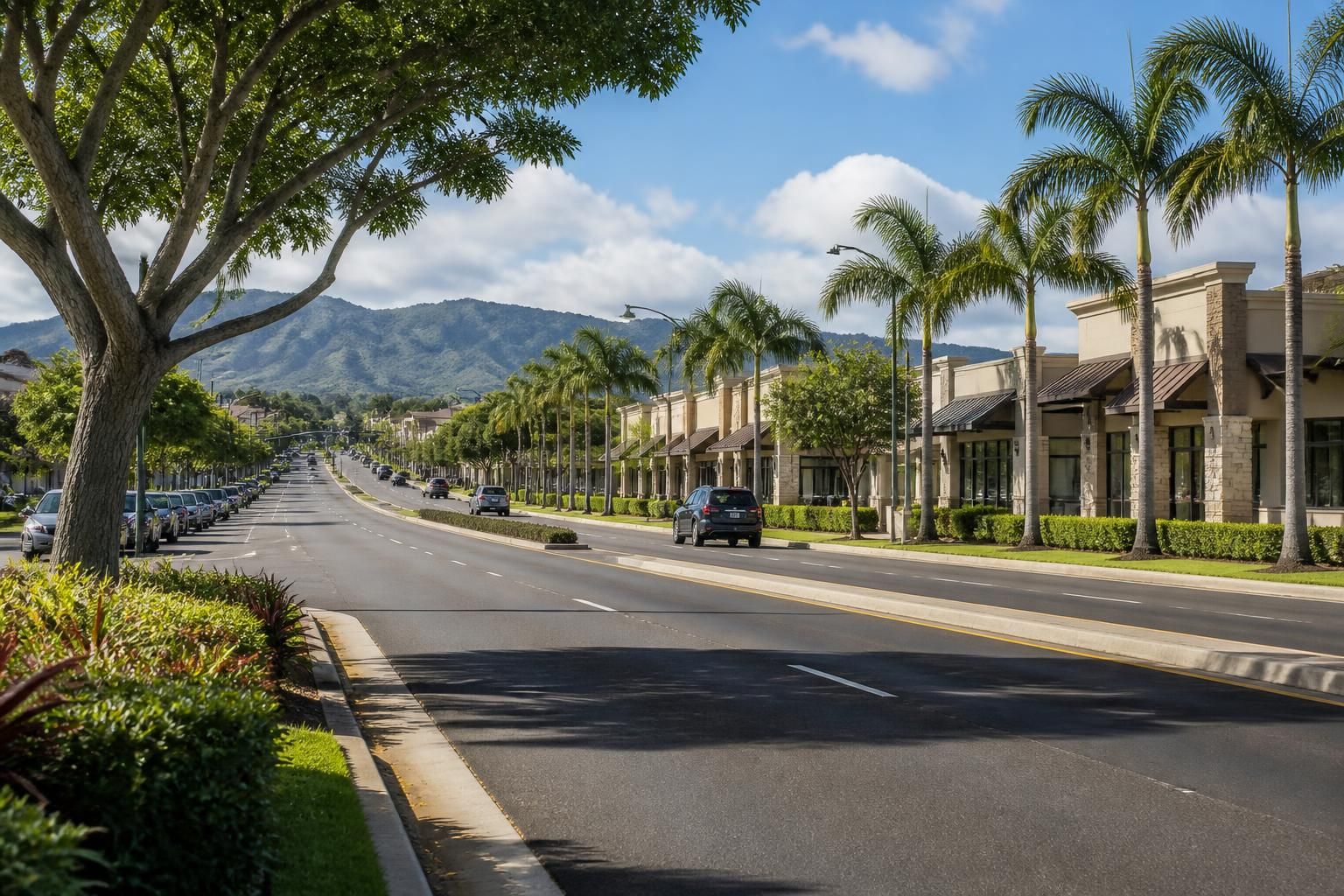 Clean Pearl City business area with low-rise storefronts.