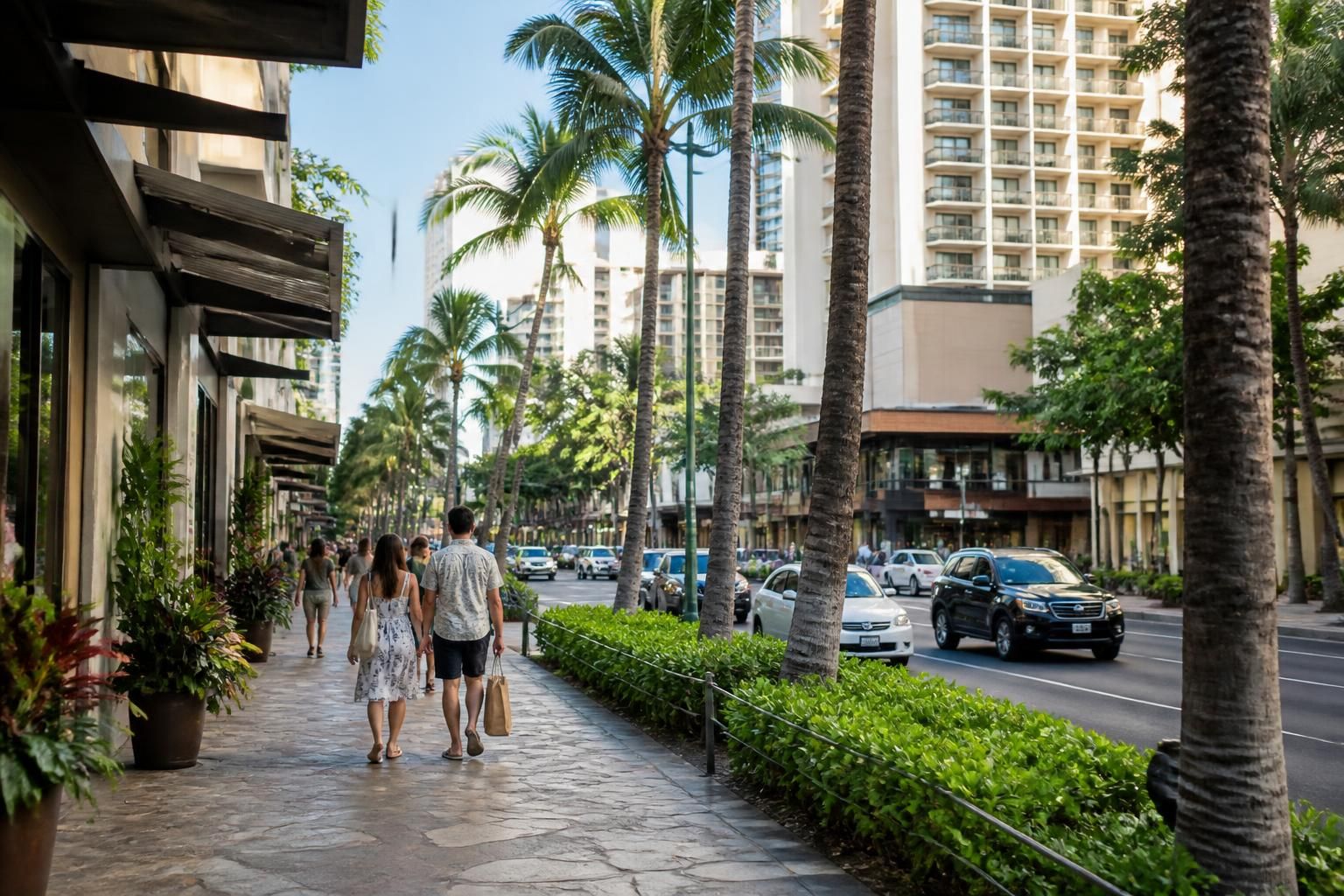 Palm-lined Waikiki corridor near resort towers in daylight.